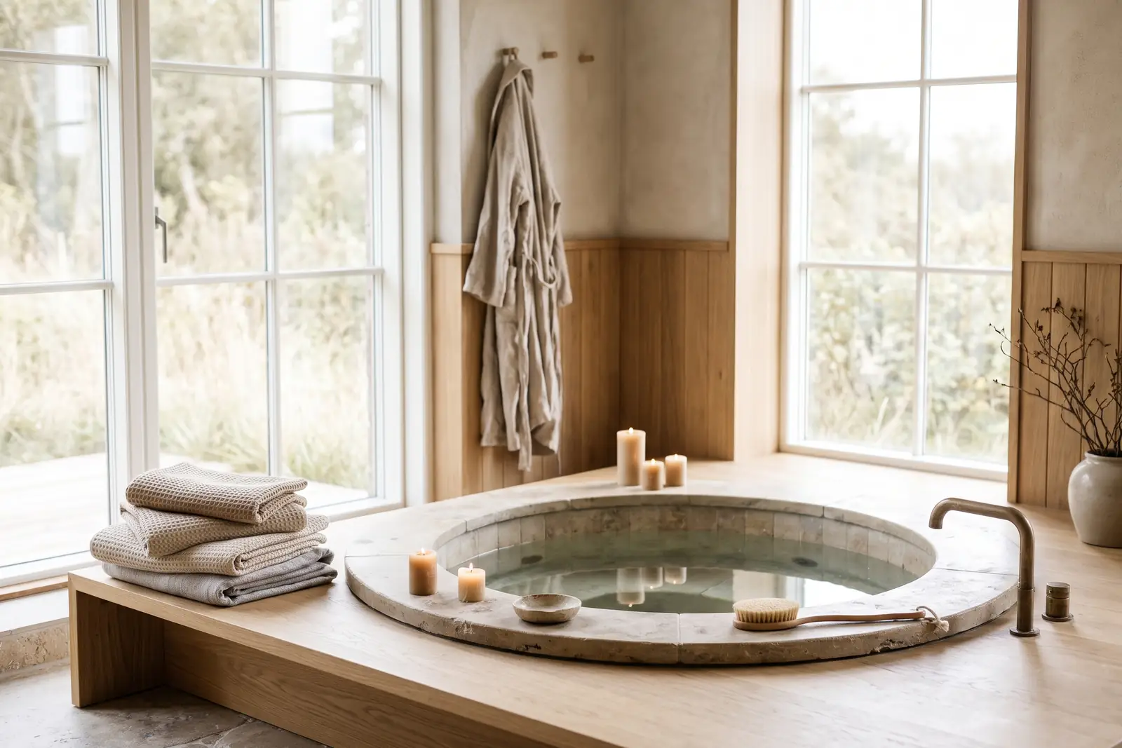 Lille rund jacuzzi med stearinlys og foldede håndklæder. Lavet med AI